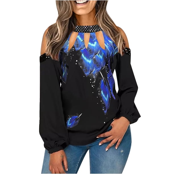 Blusa suelta con estampado informal para mujer, camisa de gran tamaño para mujer, blusas de manga larga con hombros descubiertos, blusas tipo túnica Pompotops gfhjh24217