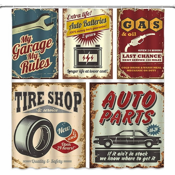Car Shower Curtain 1950s Retro Country Garage Antique Car Accessories American Repair Poster License Plate Nostalgic Letter Bathroom Decor Curtains Polyester Fabric 72"W x 72"L