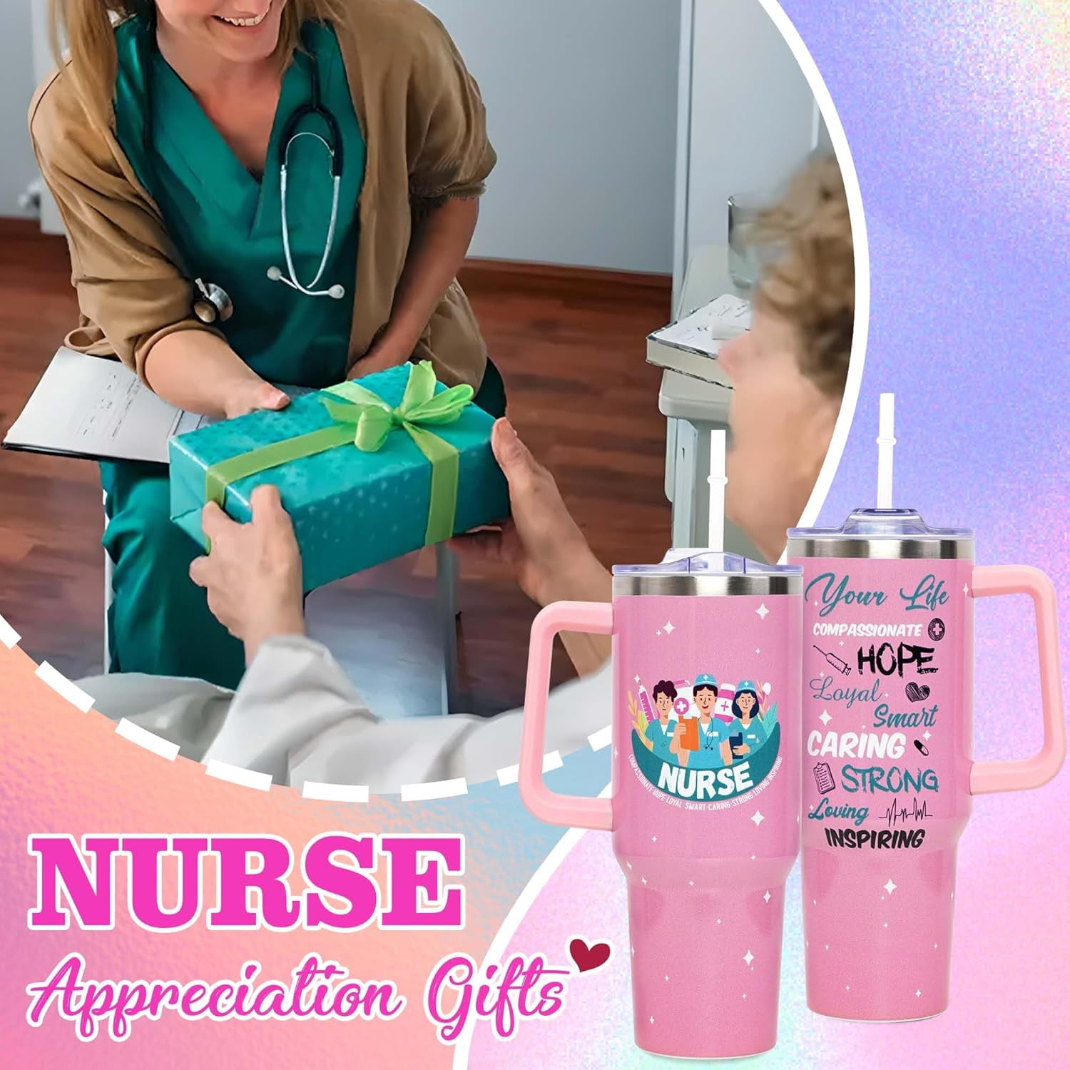 Nurse Gifts - Nurse Gifts for Women, 40 oz Tumbler with Handle and Straw, Insulated Stainless Steel Travel Mug, Nurses Week Gifts, Nurse Appreciation Gifts, Gifts for Nurse,New Nurse Gifts