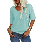 Yobecho Ladies V-neck Half Sleeve Oversized T-Shirt Solid Color Top