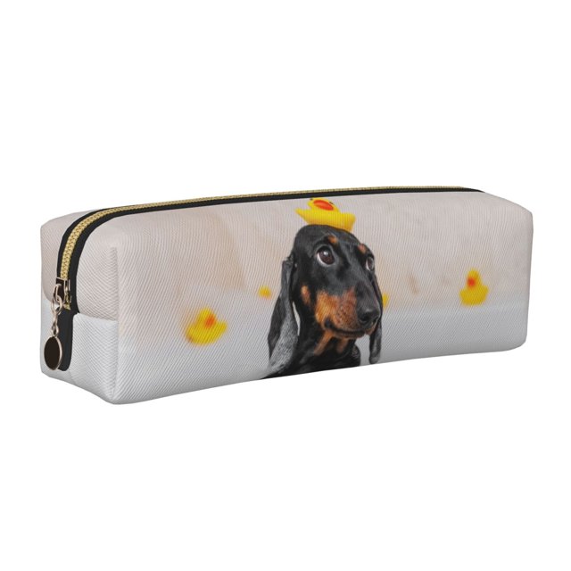 Fotbe Dachshund Sitting in Bathtub Estuche para Lápices de Cuero con Estampado, Estuche con Cremallera Resistente, Organizador Compacto y Elegante para Papelería