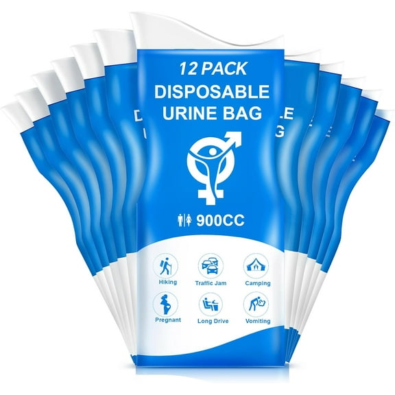 Urine Bag, 12PCS Disposable Pee Bags for Travel for Women Men, 900ML Emergency Urinal Bag and Vomit Bag, Portable Unisex Urinal Bags for Camping, Hiking, Traffic Jams, Pregnant, Patient, Kids
