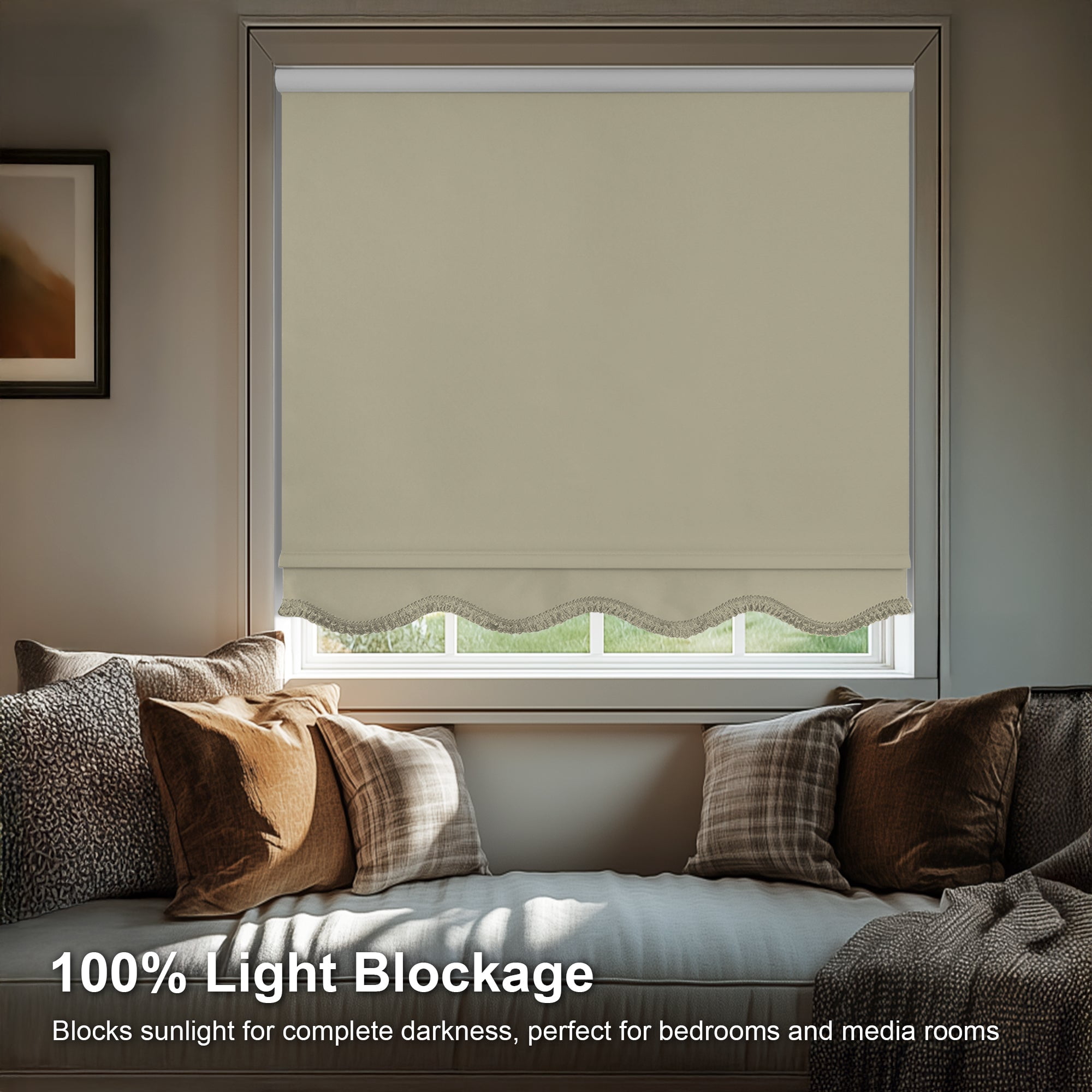 Chicology Blackout Roller Shades with Fringe | Cordless Light Filtering Window Blinds |38.75"W X 64"H| Decorative Privacy Shades for Home & Office | UV Protection | Cream
