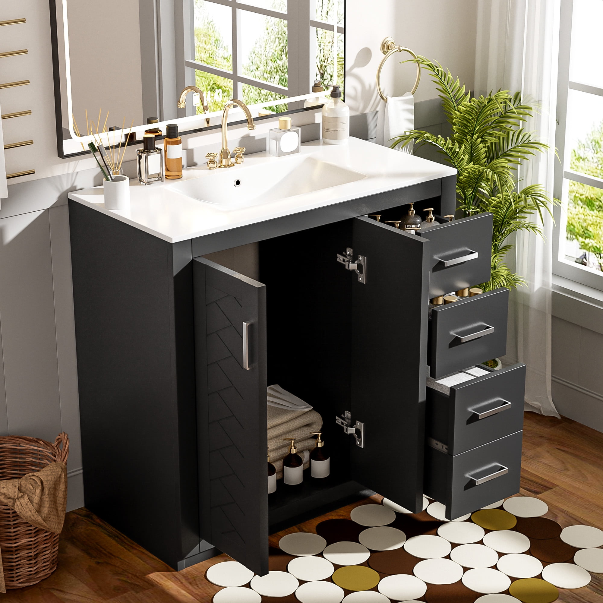 Euroco 36'' Bathroom Vanity with Ceramic Sink Combo, Solid Wood Frame Bathroom Storage Cabinet, Freestanding Vanity Set with 3 Drawers& Soft Closing Doors