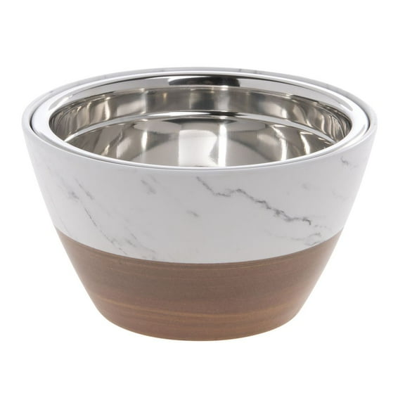 HUBERT® Serving Bowl with Stainless Steel Insert Wood and Marble Look Melamine - 7" Dia x 4" H