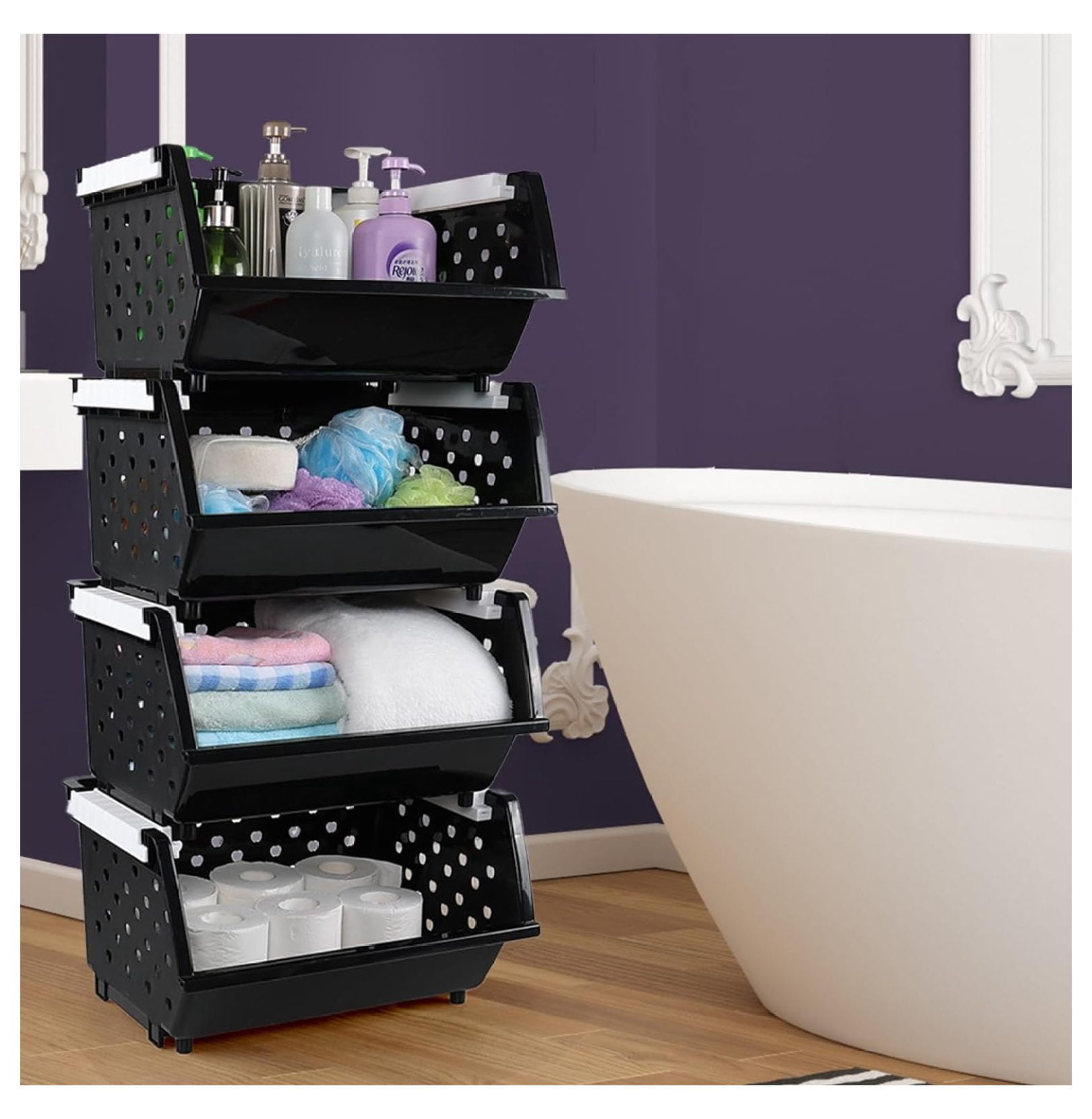 4 Pack Plastic Stackable Storage Baskets, Large Stacking Organizer Bins, Black