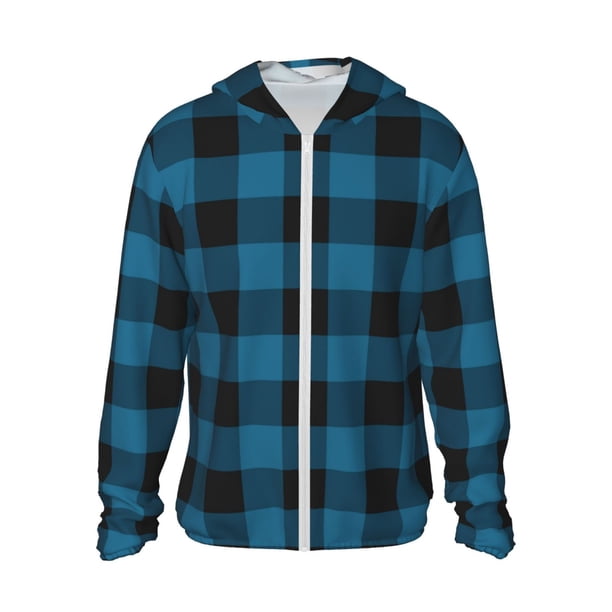 Fotbe Blue Black Plaid Chaqueta con Protección Solar UPF 50+ para Hombre y Mujer, Camisa con Capucha y Bolsillos-XX-Large