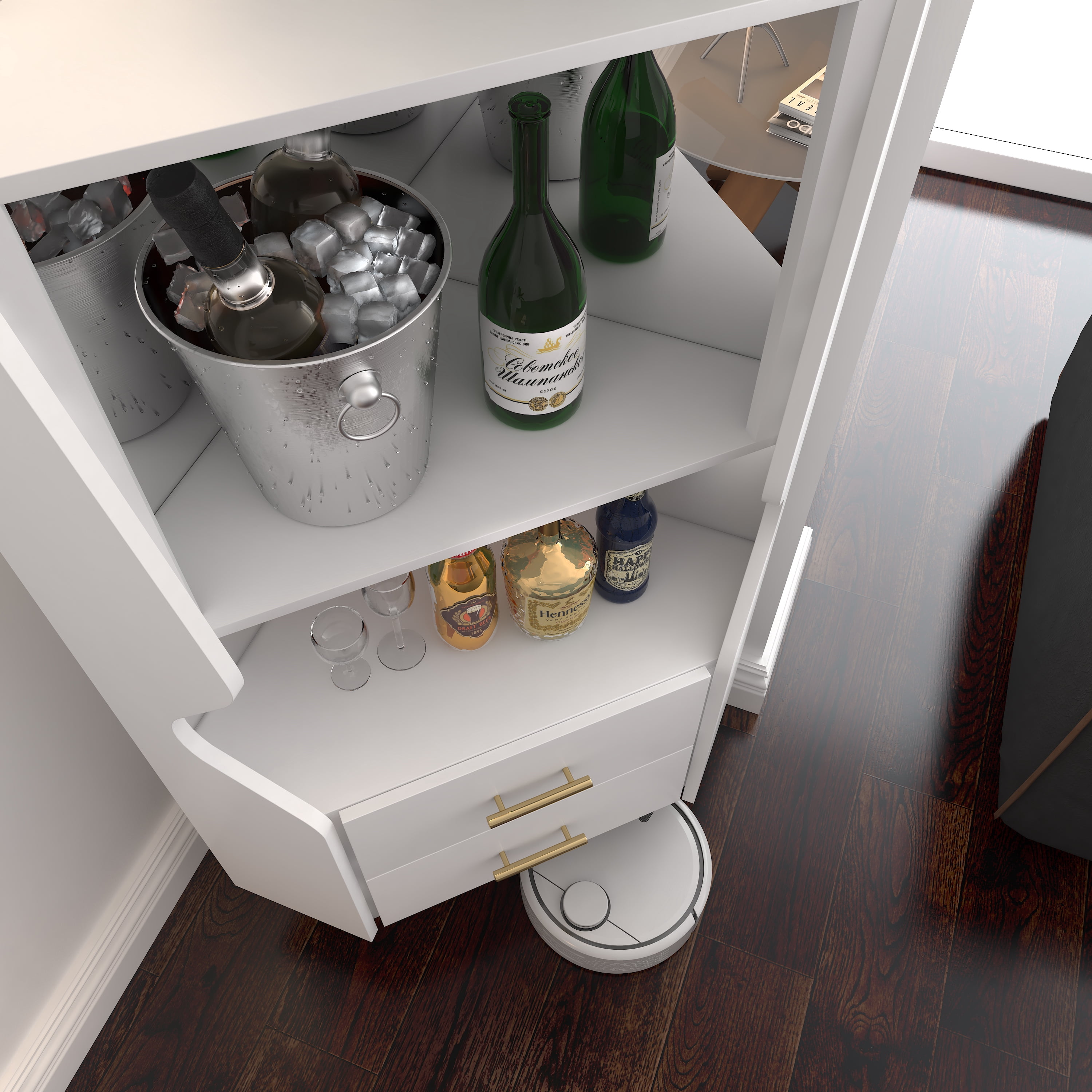 Corner Bar Cabinet, Display Cabinet&nbsp;Storage with Mirrored Back, High Tapered Legs, Anti-Tip Device, White Engineered Wood, 50 Inch H
