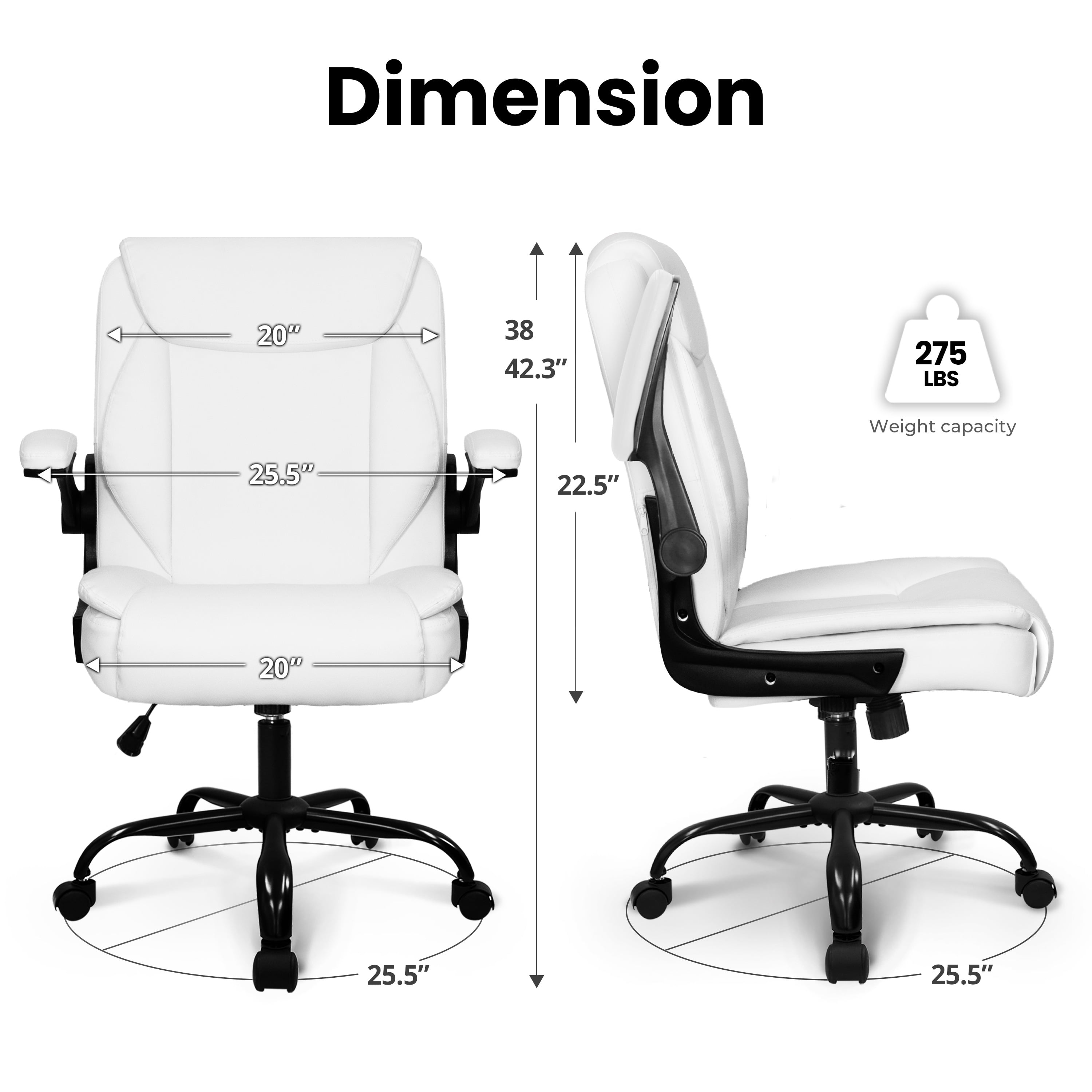 NEO CHAIR Desk Office Gaming Computer Chair Ergonomic Executive Mid-Back Leather with Adjustable Padded Flip-Up Armrests Cushion Wheels Swivel for Home Study Task (White)