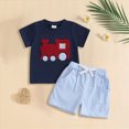 thumbnail image 2 of NIEWTR Toddler Baby Boy Clothes Summer Outfits Embroidery Smocked Short Sleeve Shirt T-Shirt + Elastic Waist Shorts 1T 2T 3T 4T(Blue,12-18 Months), 2 of 6