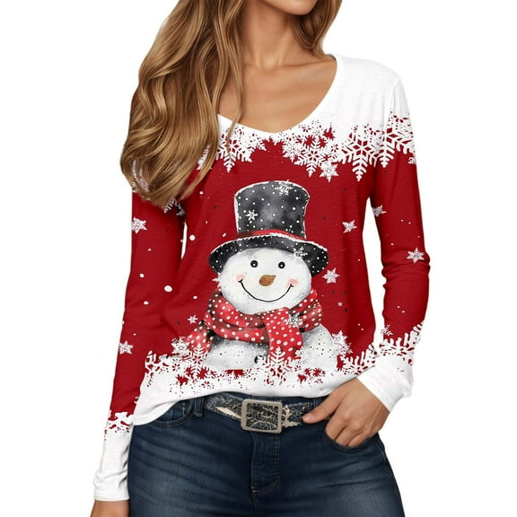 IWRICH Women's Christmas Snowmen Printed Tops Casual V-Neck Long Sleeve Casual T-Shirts 2025 Fall Trendy Tees Red XL