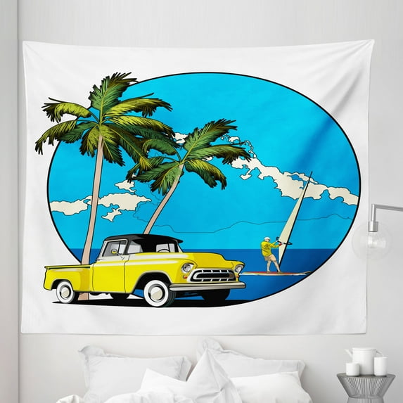 Colorful Tapestry, Graphic Design Nostalgic Chevy Car a Sailer Guy in the Ocean Palms Vivid Sky Seaside, Fabric Wall Hanging Decor for Bedroom Living Room Dorm, 5 Sizes, Multicolor, by Ambesonne