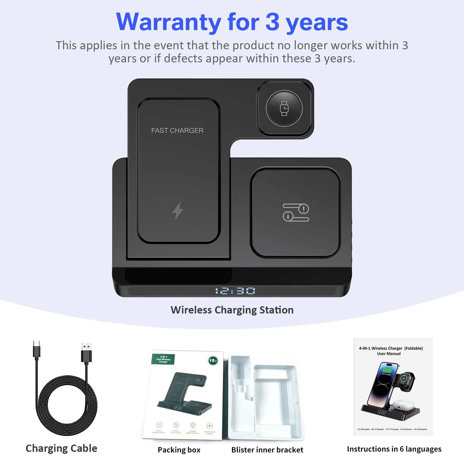 Wireless Charger iPhone ,Foldable 4 in 1 Fast Charging Station for Apple iWatch , Airpods ,iPhone with Clock and QC3.0 Adapter Black