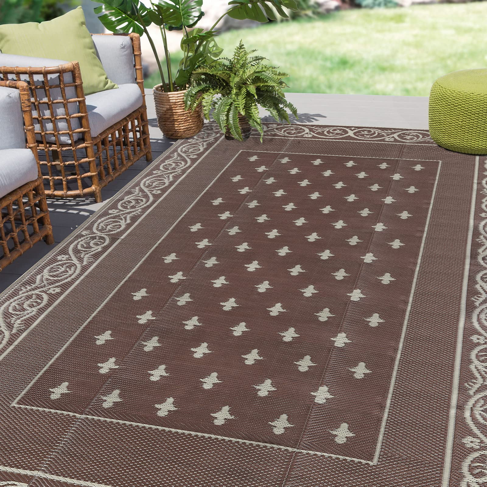 Findosom 8'x10' Brown Outdoor Rug Reversible Outdoor Mat RV Outdoor Rug Plastic Straw Area Rug Mat Camping Rugs Waterproof Floor Mat and Rug for RV,Patio,Backyard,Deck,Picnic,Beach,Trailer