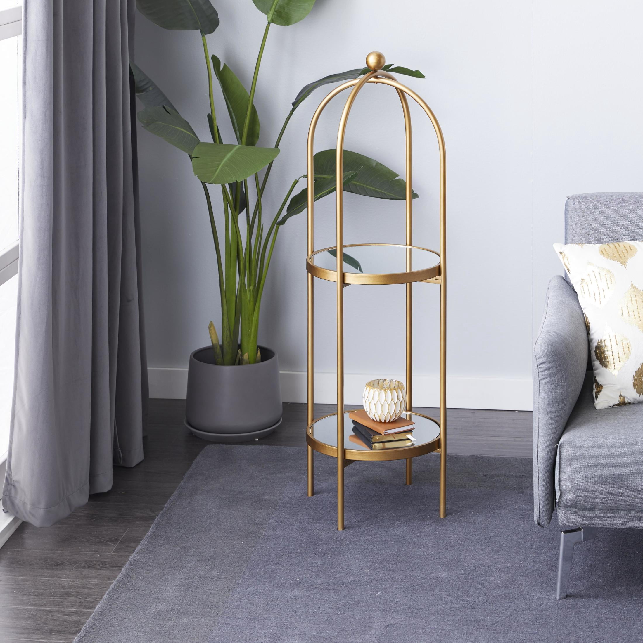 DecMode 16" x 46" Gold Metal 2-Tier Shelving Unit with Mirror Shelves, 1-Piece