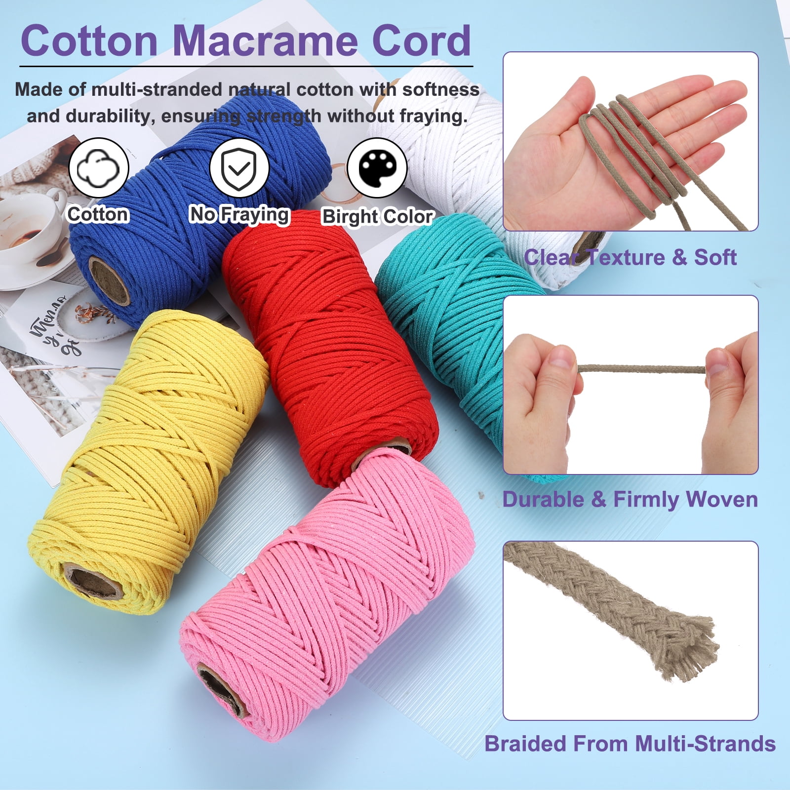 Braided Macrame Cord, 4mm x 109 Yards Natural Cotton Rope Macrame Yarn Bohemia Craft String with Scissors(Light Brown)