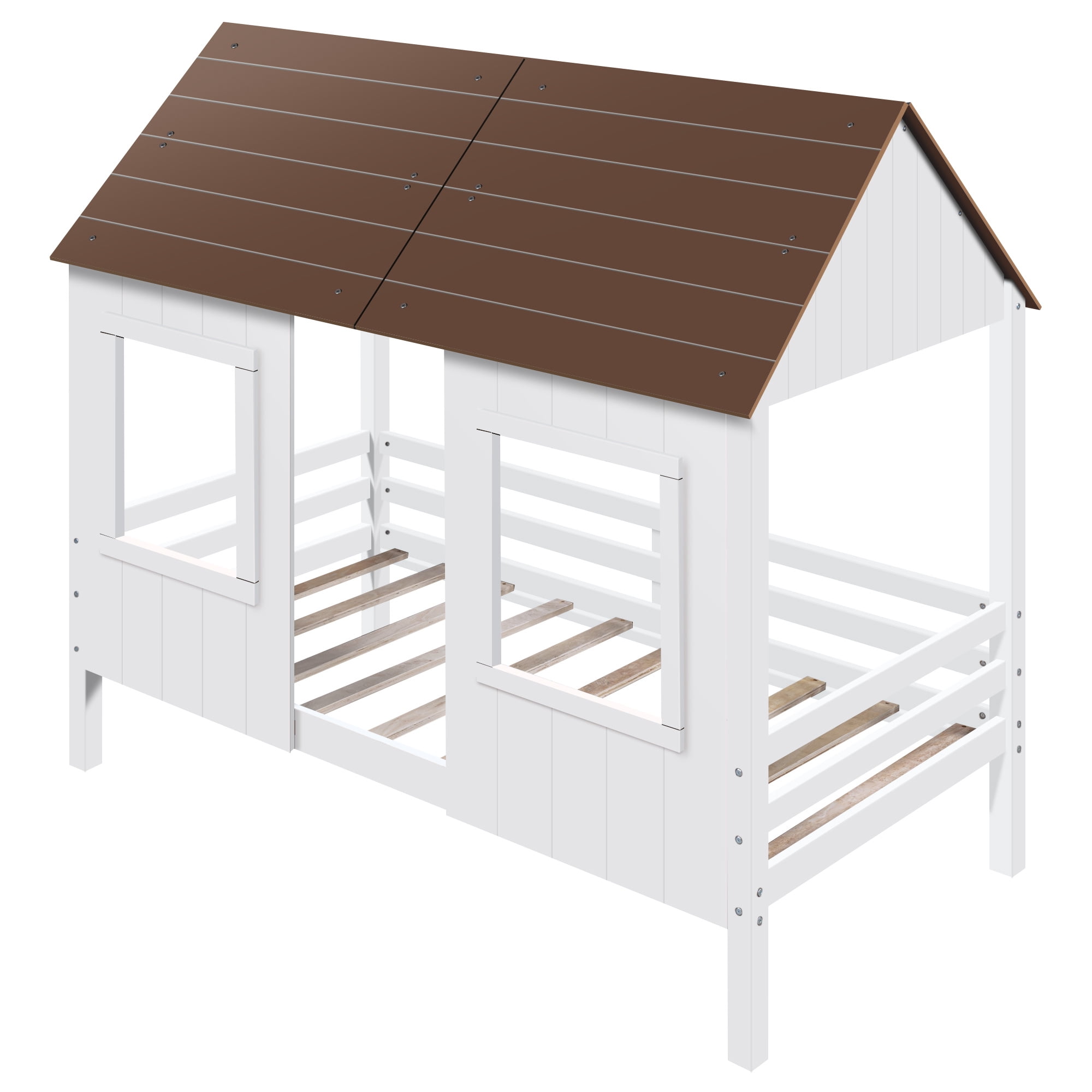Wood House Bed for Kids, Aukfa Modern Twin Size Low Loft House Bed with Two Front Windows for Kids Bedroom, Toddler Low Loft Bed, Antique Gray+Normal White