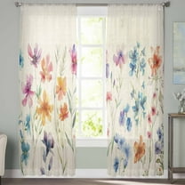Sheer Curtains 96 inches Long, Colorful Flowers Watercolor Floral Plants Retro Linen Light Filtering Sheer Window Curtains Rod Pocket Voile Drapes for Bedroom Living Room, 52"W x 96"L 2 Panels