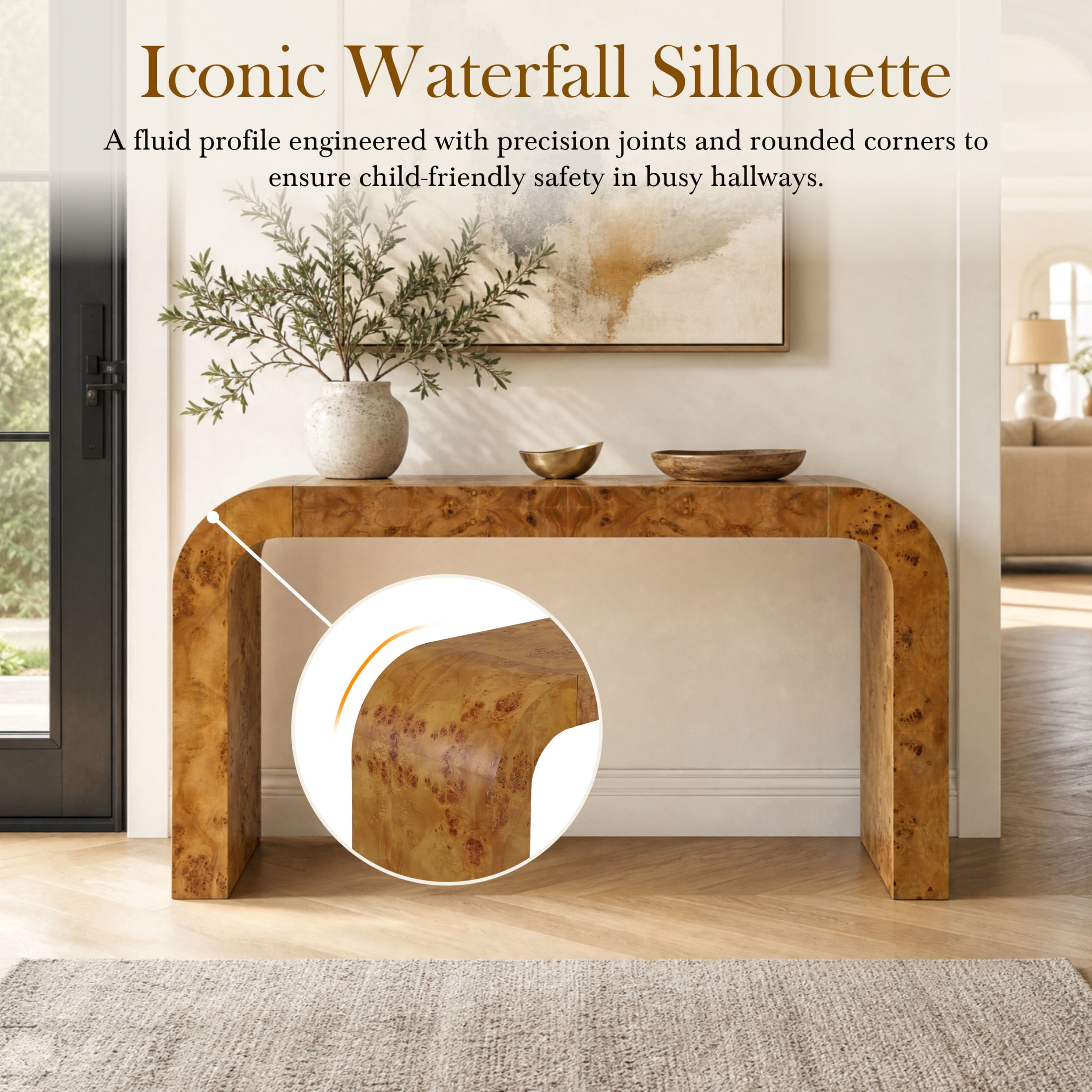 Christopher Knight Home Mid-Century Modern 55" Burl Wood Waterfall Console Table, Thick Top, Burly Wood