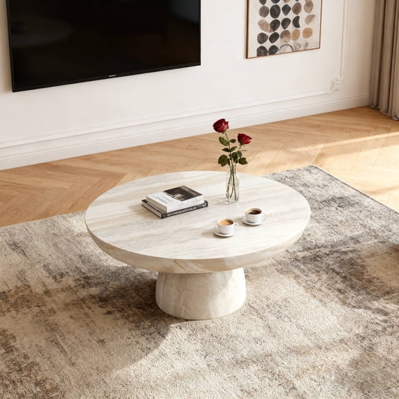 Kevinplus 31.50“ Round Coffee Table, Side Table,End Tables for Living Room,Beige,White