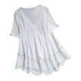 thumbnail image 2 of Pincandy Fashion Woman Causal V-Neck Solid Blouse Flowy Babydoll Dresses 2025 Summer Short Sleeve Swing Shift Loose Casual Mini Tunic Dress,White,2XL, 2 of 5