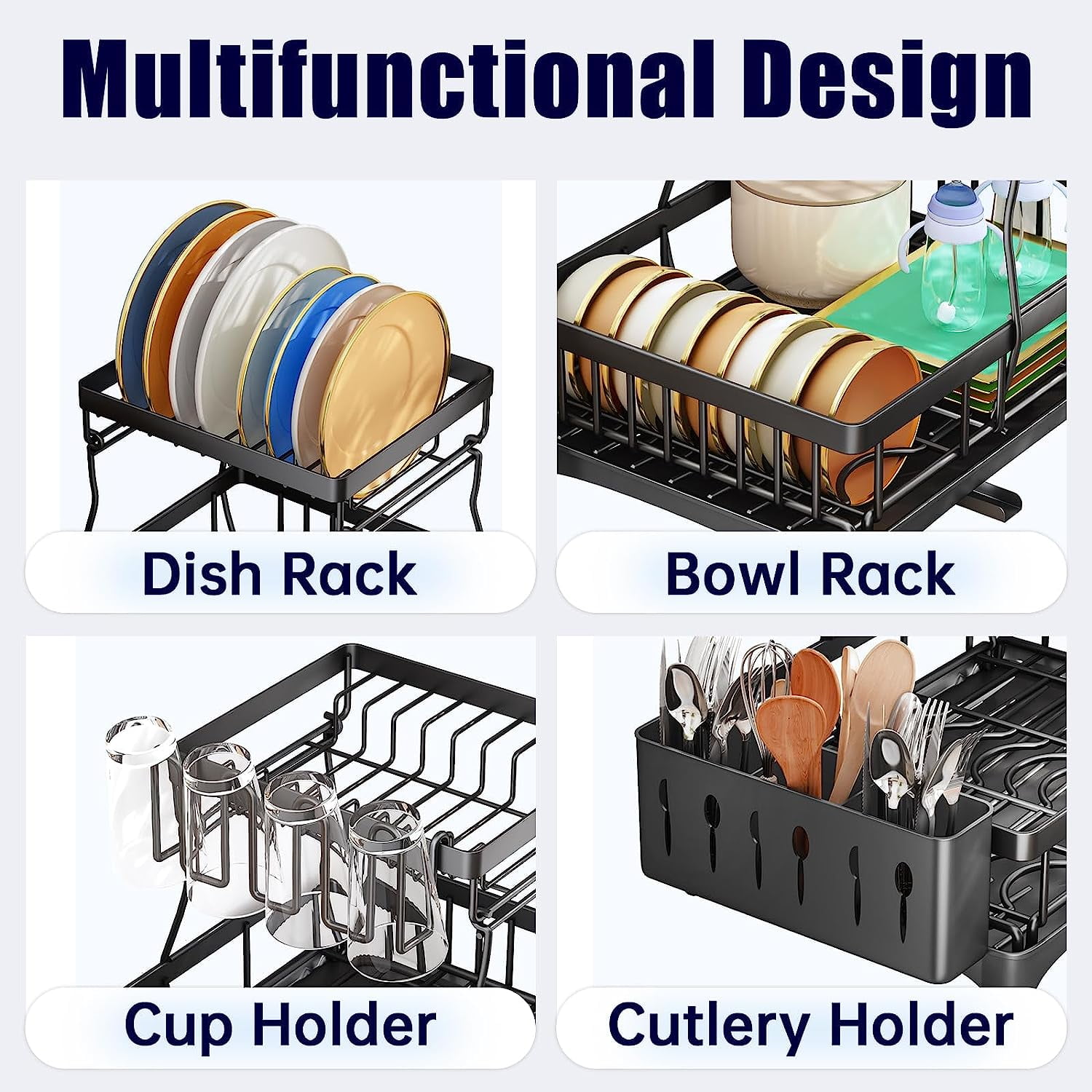 Runbaixing 2 Tier Large Dish Drying Rack and Drainboard with Utensil Holder and Cup Rack for Apartment Kitchen Counter, Black