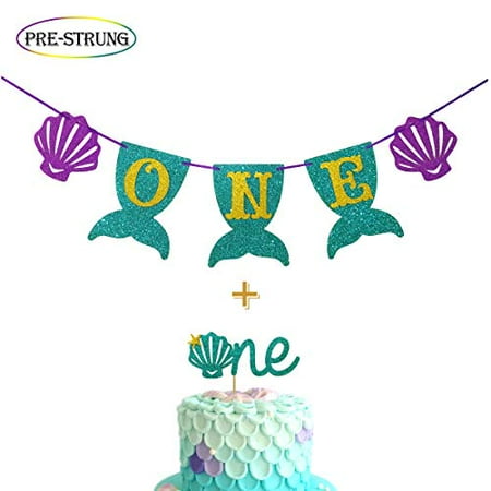 Mermaid Smash Cake Kit First Birthday Mermaid One Banner Highchair Banner with Teal Glitter Mermaid One Cake Topper for Birthday Supplies Decorations