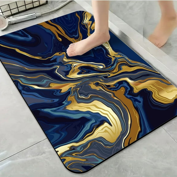 1pc Blue and Gold Abstract Bathroom Rug Bathroom Decor and Accessories- Durable,Anti Slip,And Quick Drying,Suitable For Indoor/outdoor Use - Perfect For Bathrooms,Bedrooms,Kitchens