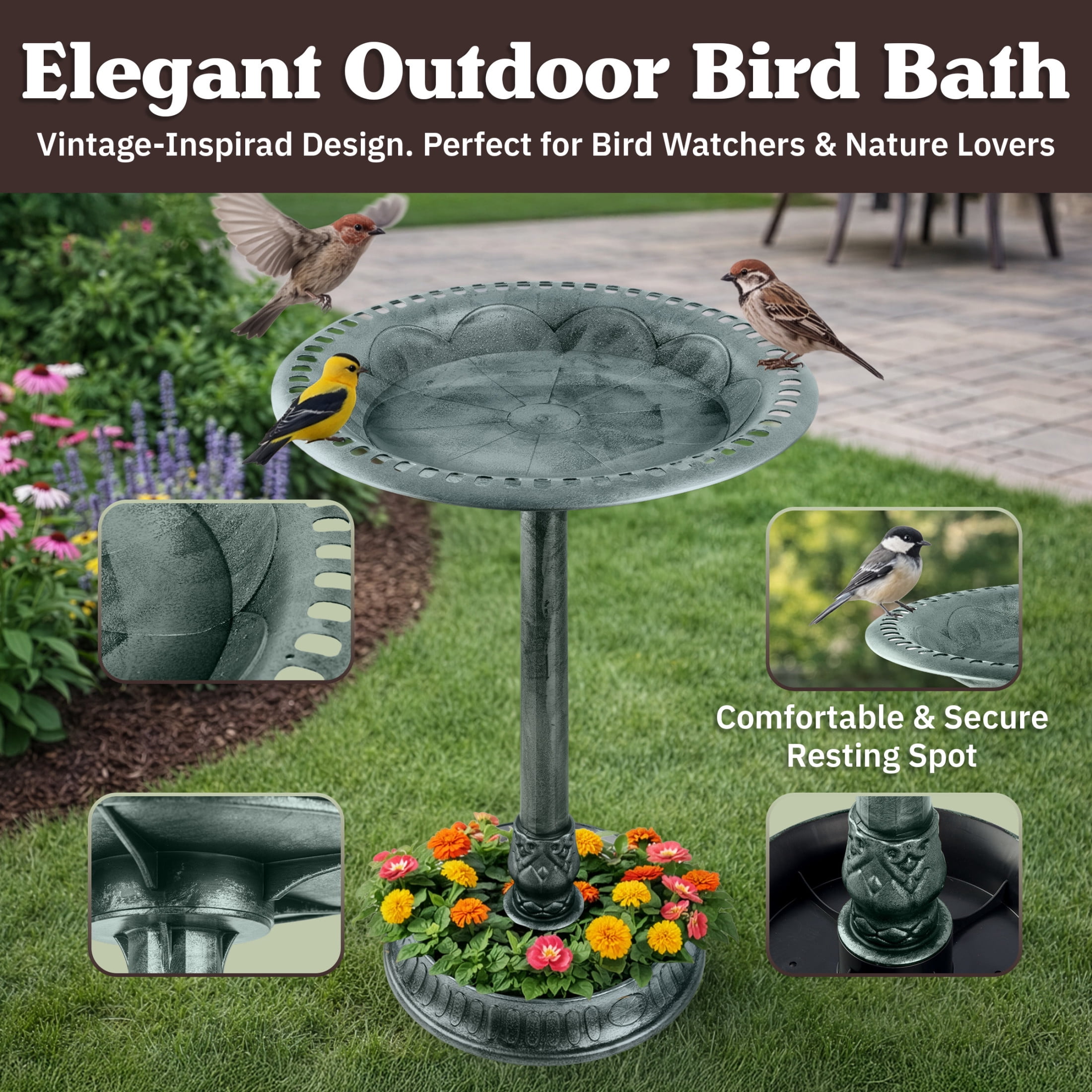 Pure Garden 28” Tall Pedestal Bird Bath for Outside with Flower Planter Base, Green Patina