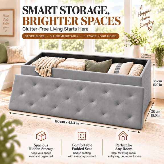 43" Storage Ottoman Bench, Folding Ottoman Foot Rest, Storage Chest with Thicker Seat, Storage for Blankets in Living Room, Entryway, Bedroom, Grey