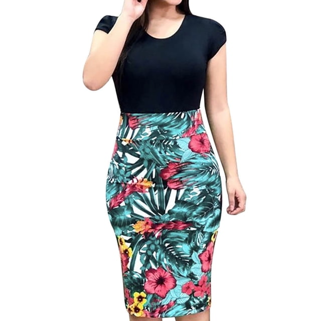 Liquidation!MSJUHEG Jupes Longues pour Femmes Robes Sexy pour Femmes Robe à Manches Épissées Fleur Sexy Femmes Courte Col Rond Mode Imprimée Robe Maxi Robes pour Femmes Noir m
