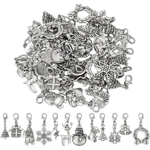 48 Pcs Alloy Christmas Charm with Lobster Claw Clasps 12 Style Silver Christmas Trees Snowflakes Stockings Elk Santa Claus Christmas Pendant Decoration for Jewelry Keychain DIY