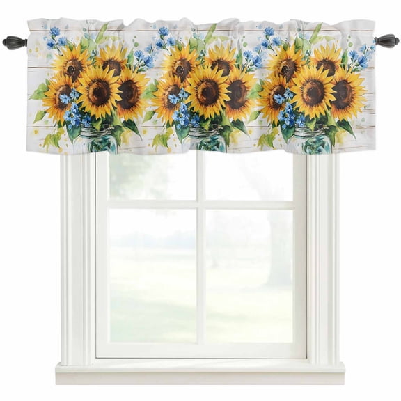 Sunflower Kitchen Valances for Windows, Small Valance Curtains Rod Pocket Window Treatments Retro Country Garden Floral Blue Wildflower Window Valances for Living Room Bathroom Bedroom 54"x18"