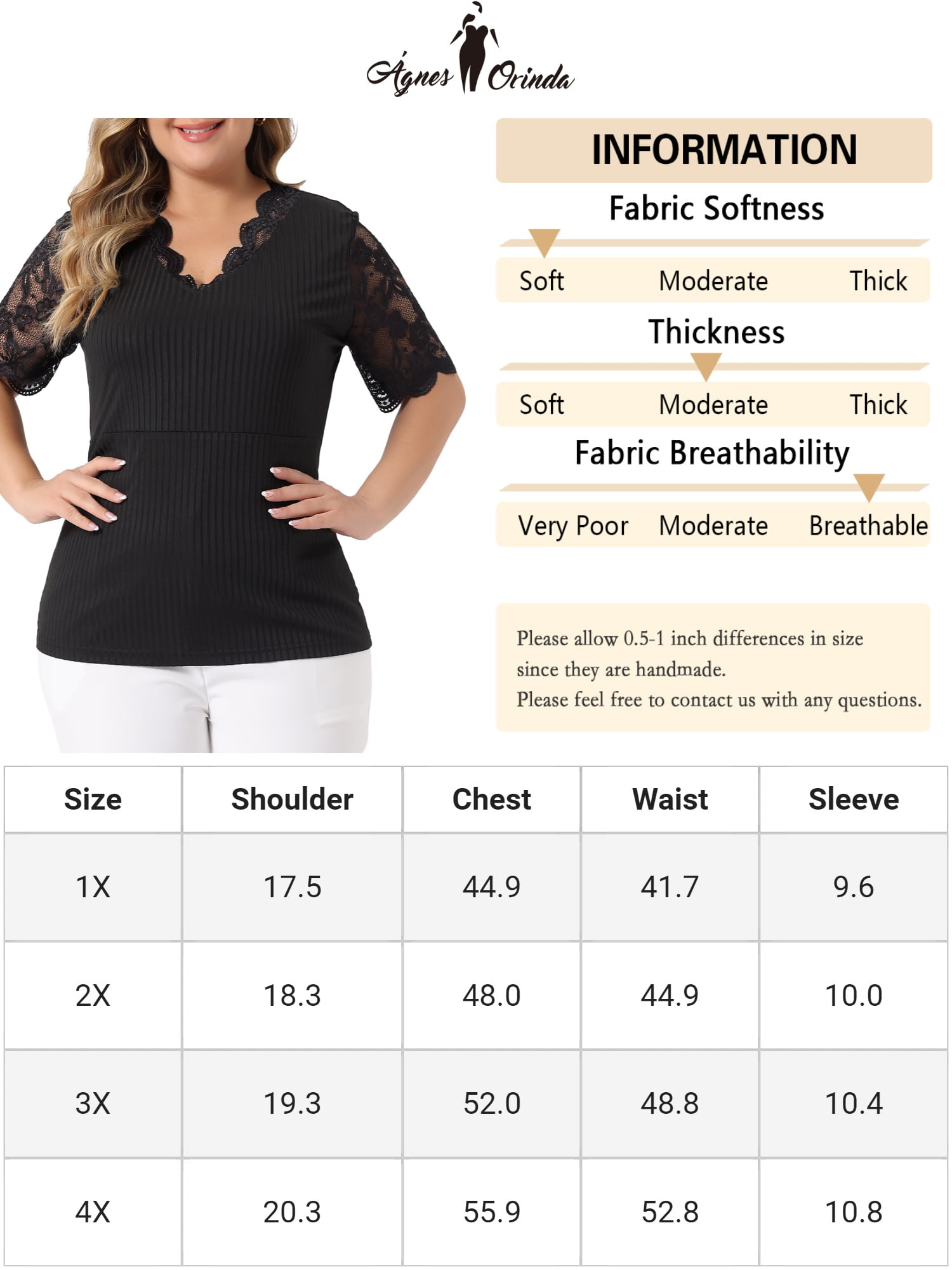 Unique Bargains Women's Plus Size Tops V Neck Elegant Lace Ribbed Knit Tunic Blouse 3X Black
