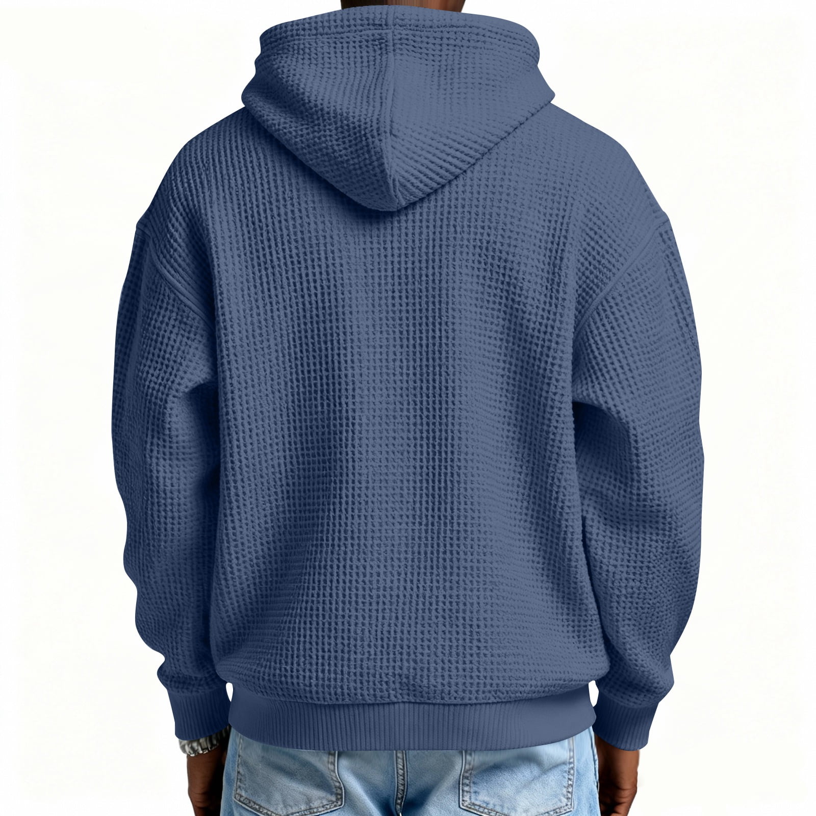 Men's Casual Solid Color Waffle Zipper Long Sleeve Hooded Sweatshirt Navy L