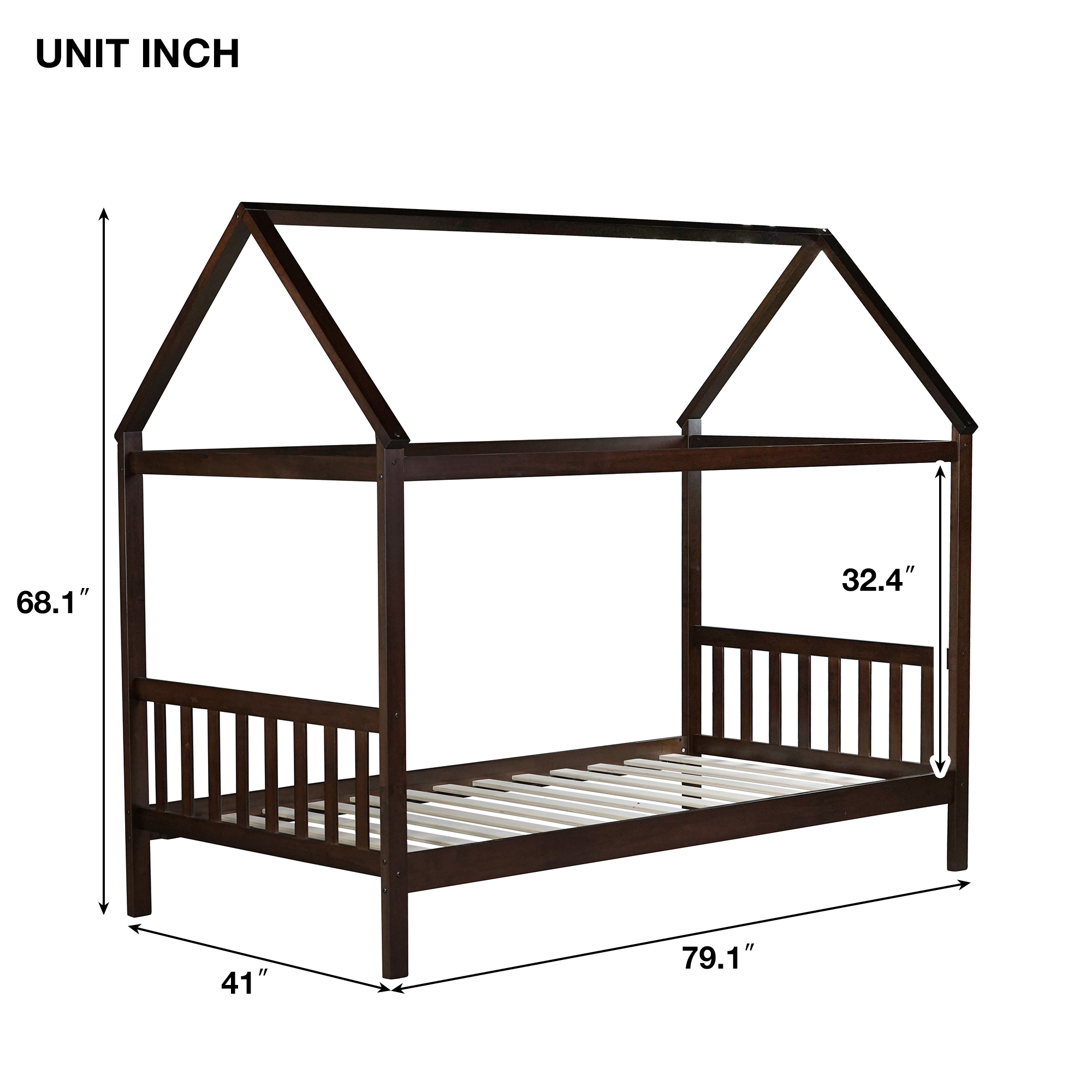 Miniyam Wood Twin Size Bed with House-shaped Design for Kids and Teens, Espresso
