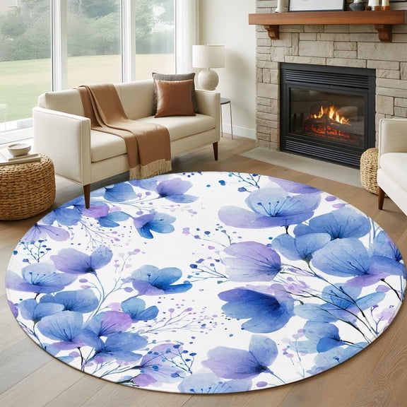 Blue Flowers Round Area Rug 6Ft Washable Circle Rugs for Bathroom Office, Spring Botanical Blossom Florals Plants Non-Slip Carpet Floor Mats Indoor Outdoor Carpet Runner Aesthetic Home Decor