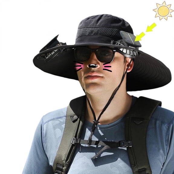 Solar Powered Fan Hat, Wide Brim Boonie Sun Hat with 2 Built-in Solar Fans, 3 Speed Adjustable Outdoor Sun Cap for Fishing Hiking Gardening - Black