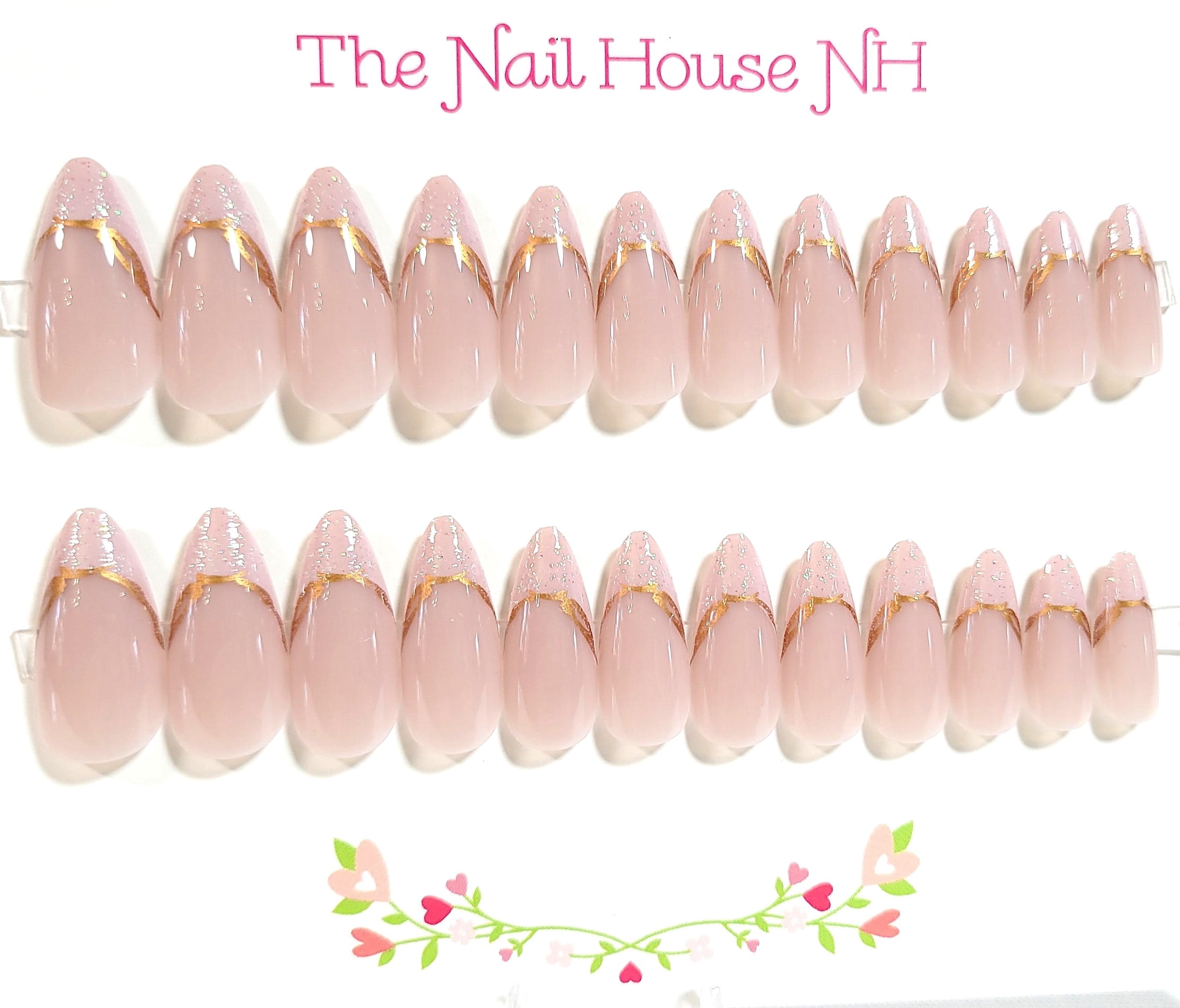 Rose Gold Sparkle French Manicure Glossy Almond Press On Nails and Adjustable Ring Set - Gift Set