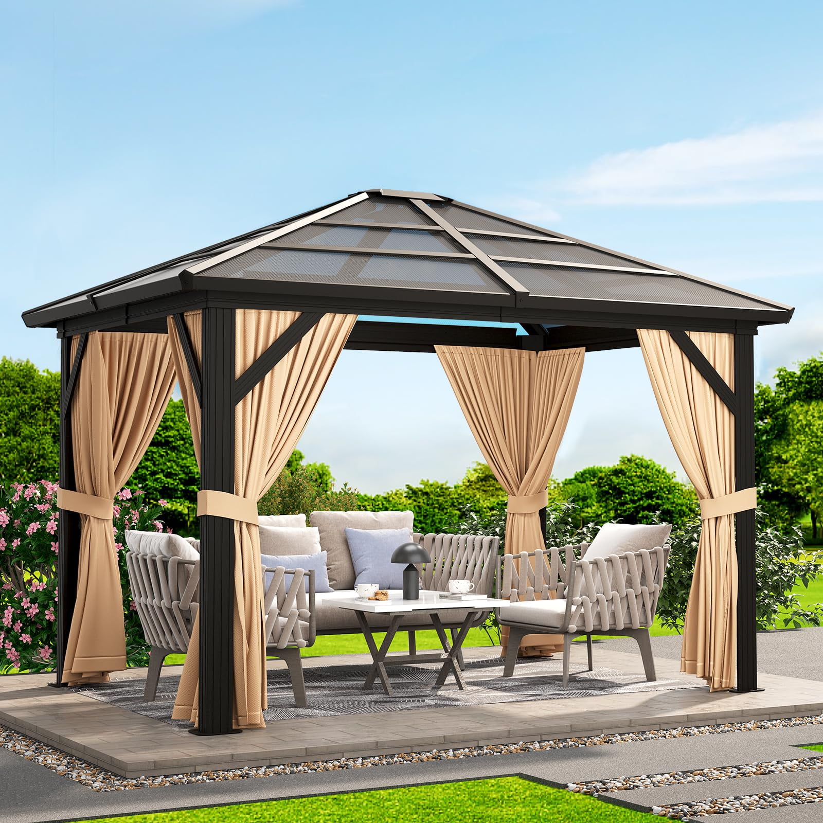 10' x 12' Hardtop Gazebo Outdoor Polycarbonate Patio Double Top Canopy Galvanized Iron Aluminum Column Garden Tent Curtains Netting for Backyards Decks Lawns