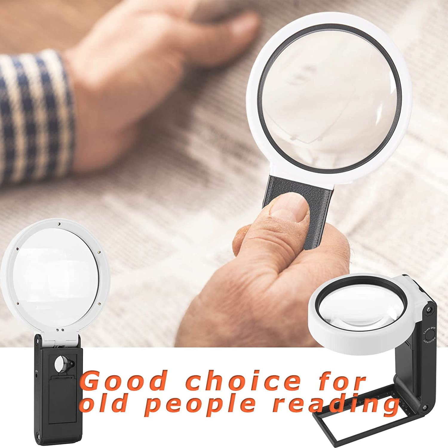 Magnifying Glass 15X 35X with Light and Stand, Handheld Standing LED Illuminated Magnifier, Folding Reading Magnifying Glass with for Seniors Read