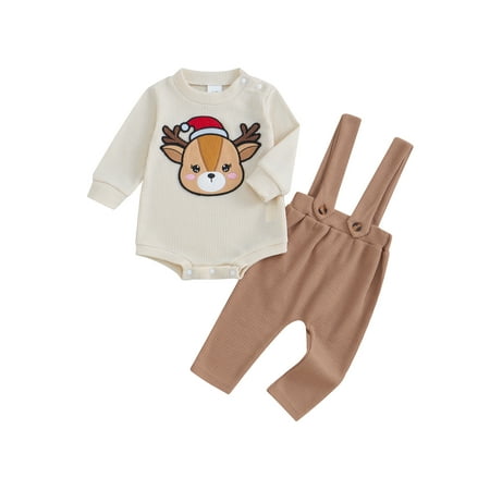 

Binshrliy 2Pcs Baby Boy Christmas Outfit Overalls Set Newborn Embroidery Long Sleeve Romper Tops + Suspender Pants 3M 6M 12M 18M 24M Infant Fall Clothes