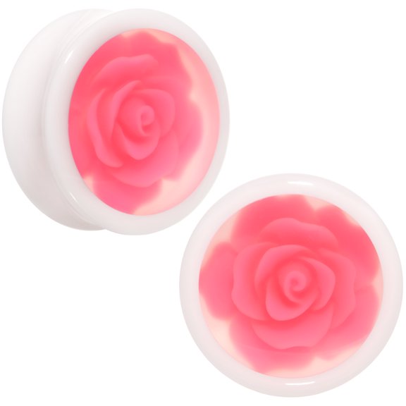 Body Candy Acrylic White with Pink Rose Insert Saddle Plug Set 24mm