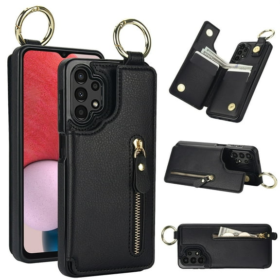JTCASES for Samsung Galaxy A52 5G Case, PU Leather Lychee Pattern Zipper Purse Finger Ring Buckle Card Slots Stand Shell for A52 5G Wear-resistant Shockproof Wallet Cover, Black