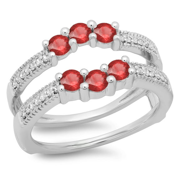 Dazzlingrock Collection 14K Ruby & White Diamond Wedding Band 3 Stone Enhancer Guard Double Ring, White Gold, Size 4