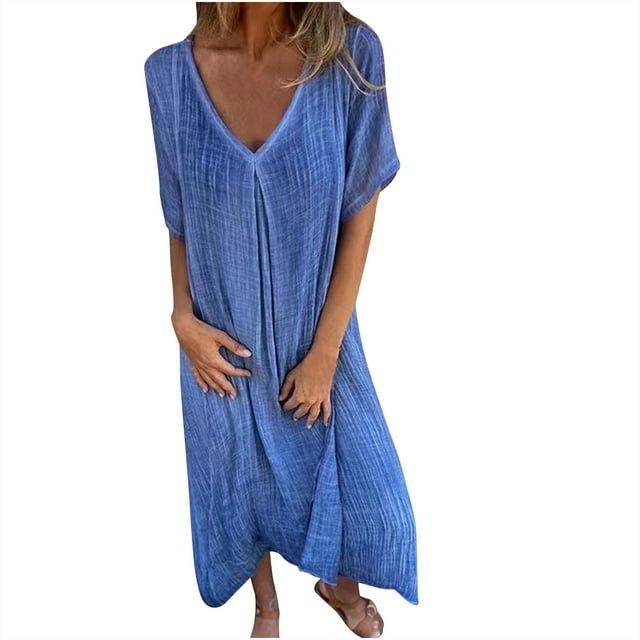 Staron Robes d'Été pour Femmes 2025 Robes t-Shirt Midi Fluides Manches Courtes Col en V Robe d'Été en Coton Lin Tunique