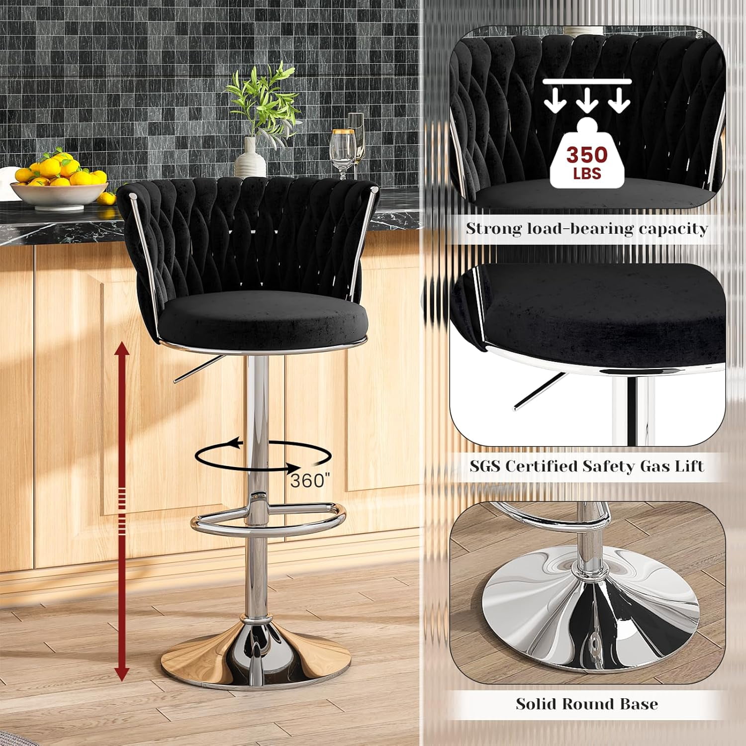 LinkRomat Velvet Bar Stools Set of 2,Swivel Counter Height Bar Stools with Backrest and Footrest,for Kitchen Island Dining Chairs,Black