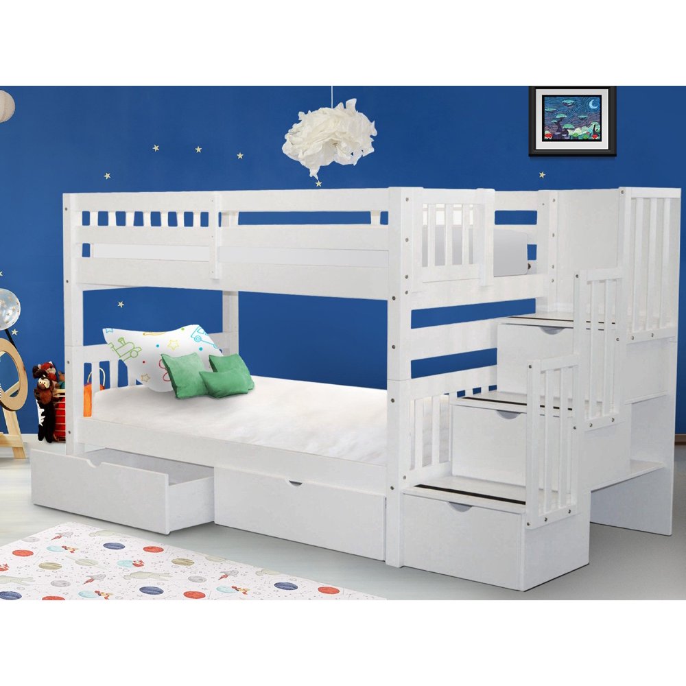 Bedz King Stairway Bunk Beds Twin over Twin with 3 Drawers in the Steps