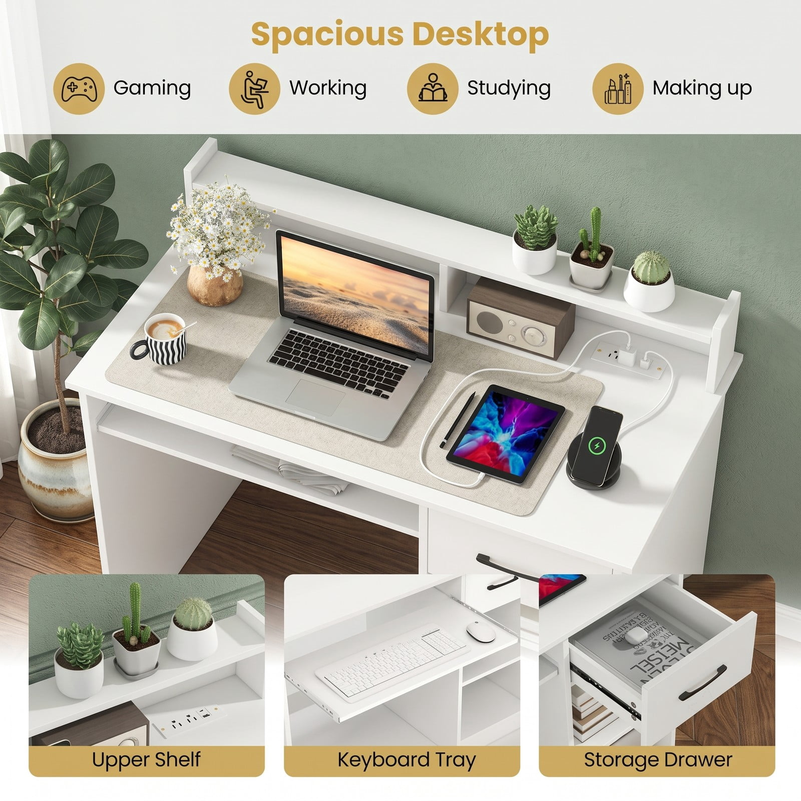 Furnibear White Desk Computer Desk Home Office Desk with Charging Station Adjustable Shelf Keyboard Tray Drawer and Reinforced Frame, White