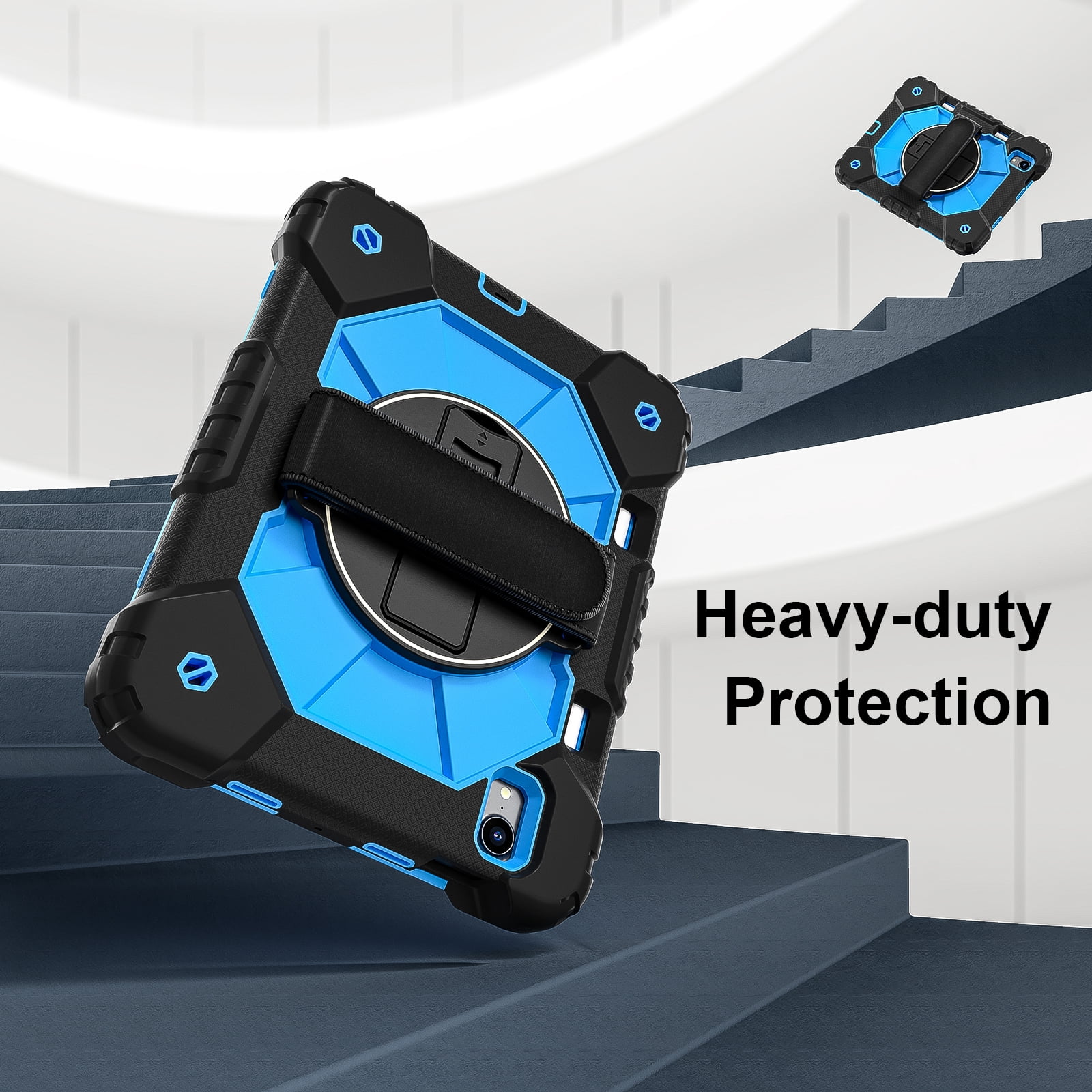 For iPad Mini 7th 6th Generation Case with Pencil Holder, Heavy Duty Shockproof Ruggd Rotating Kickstand Hand Strap Cover Case with Shoulder Strap Kids Friendly Case for Apple iPad Mini 6 7,Black+Blue